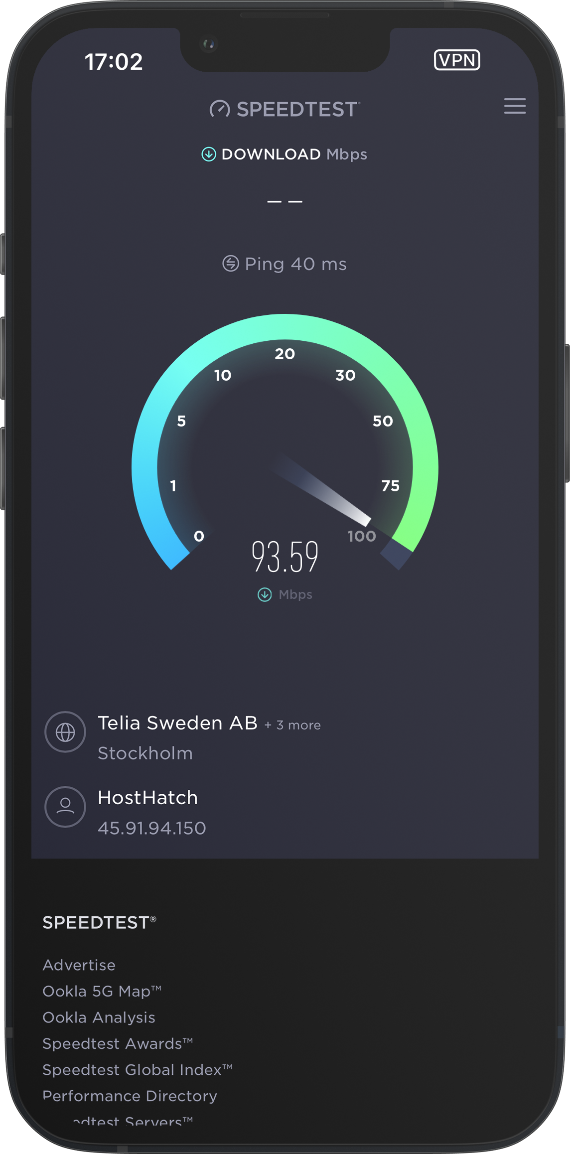 Speedtest screenshot showing throughput at 93 Mbps